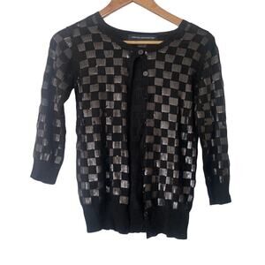French Connection Black Sequin Checked Cashmere Blend Cardigan Sweater • Size XS